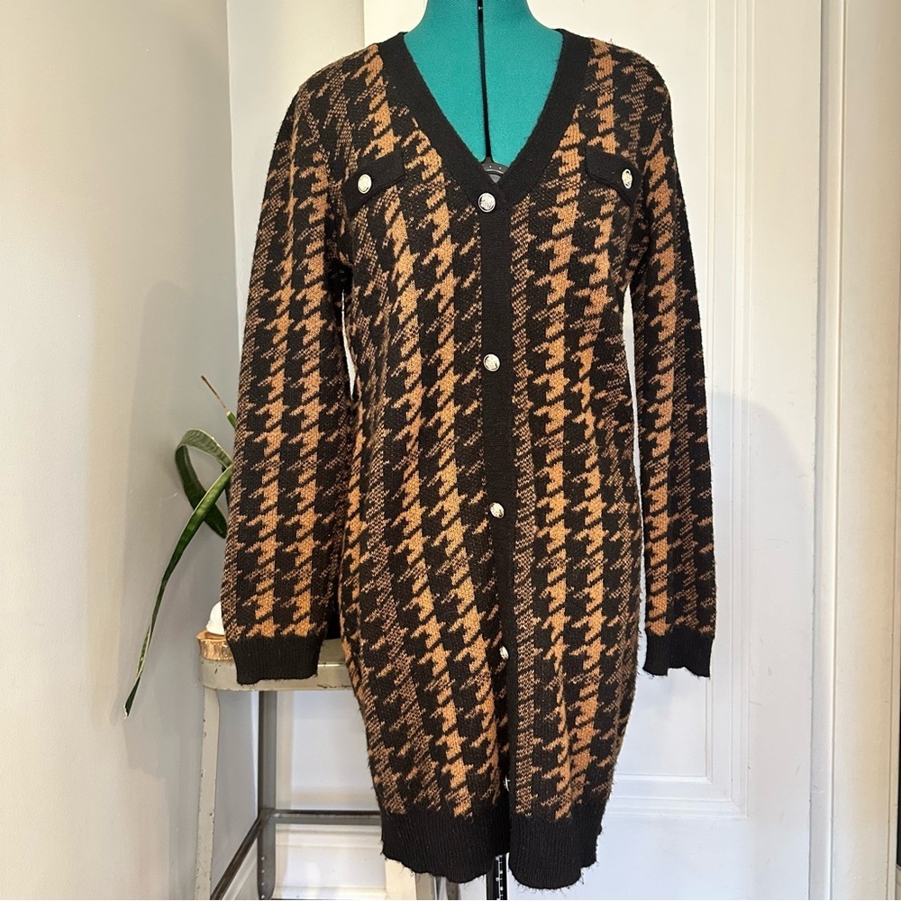 BCX Black and Brown Houndstooth Cardigan Sweater Dress size XL